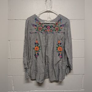 JODIFL (Small) Embroidered Gray Top with Floral Accents Boho Hippie